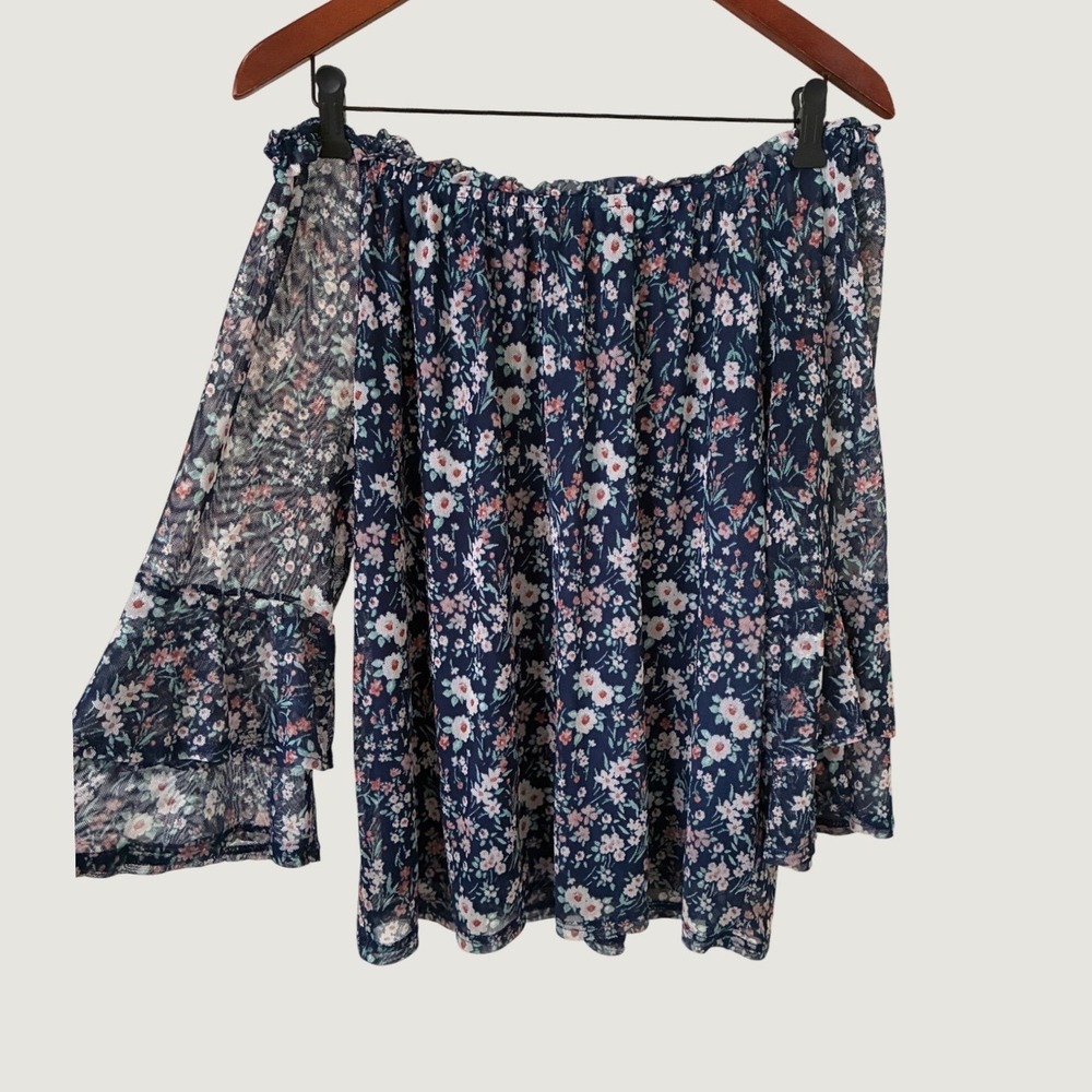 Apt. 9 Womens PXXL Navy Blue Floral Mesh Off Shoulder Ruffle Bell Sleeve Blouse
